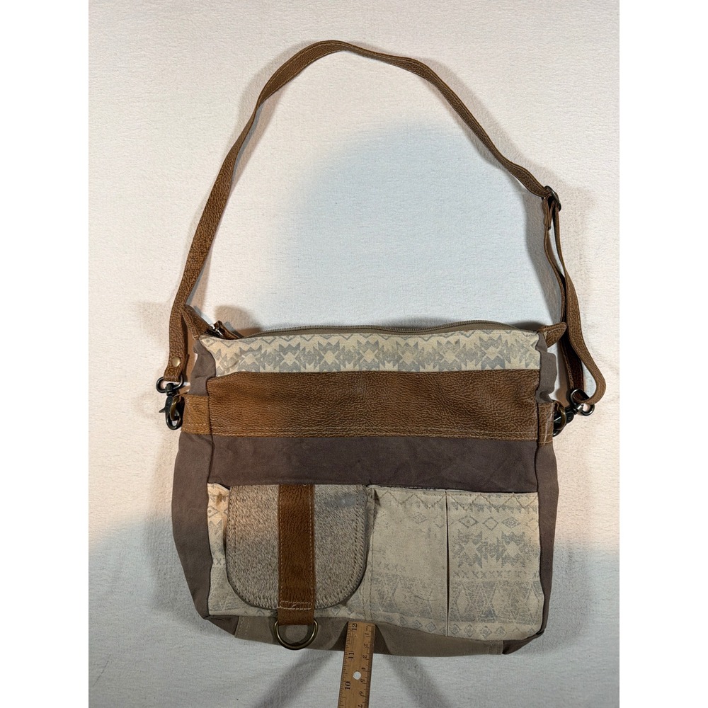 Myra Bag Canvas Leather Southwestern Crossbody Messenger Bag Brown Geometric